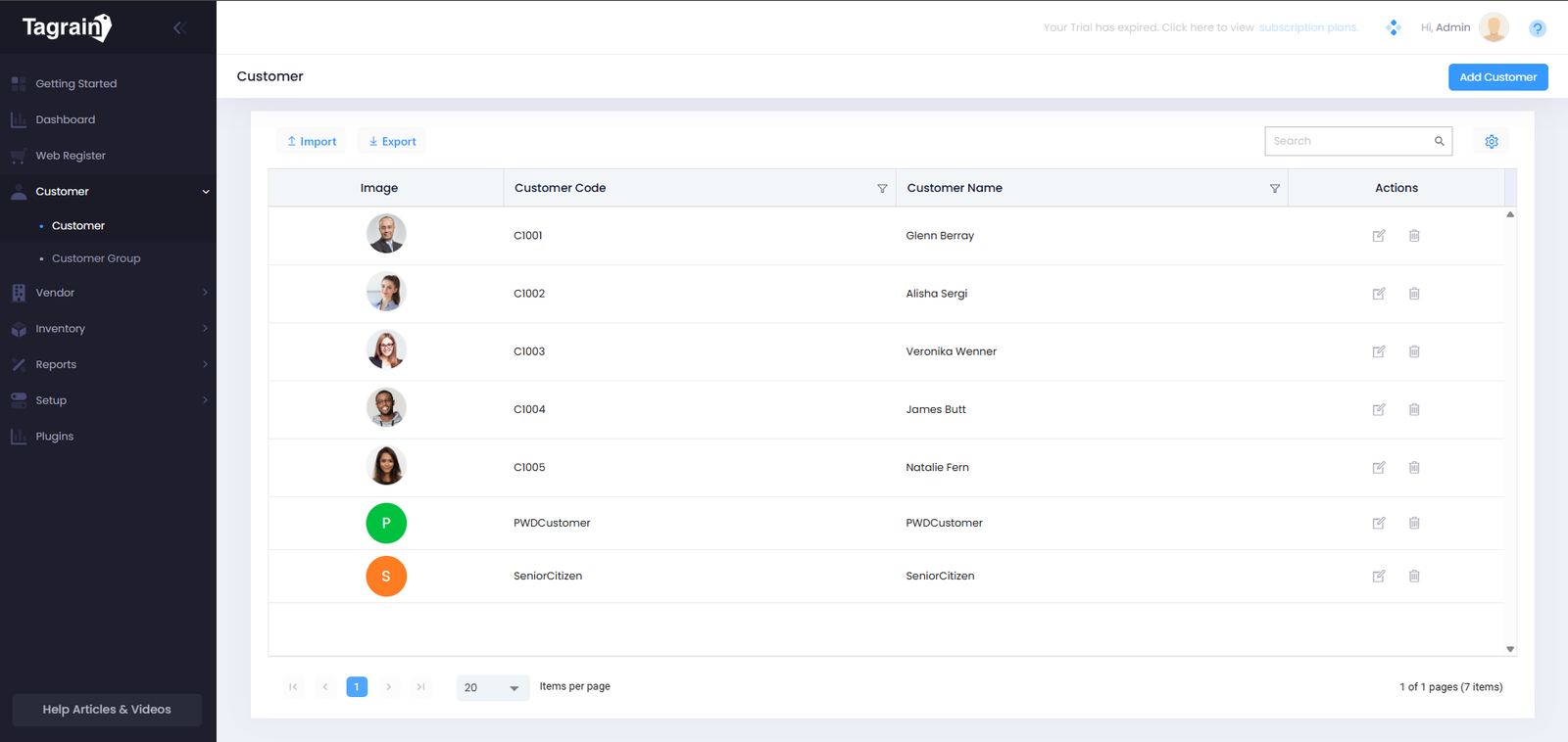 Tagrain Customer page