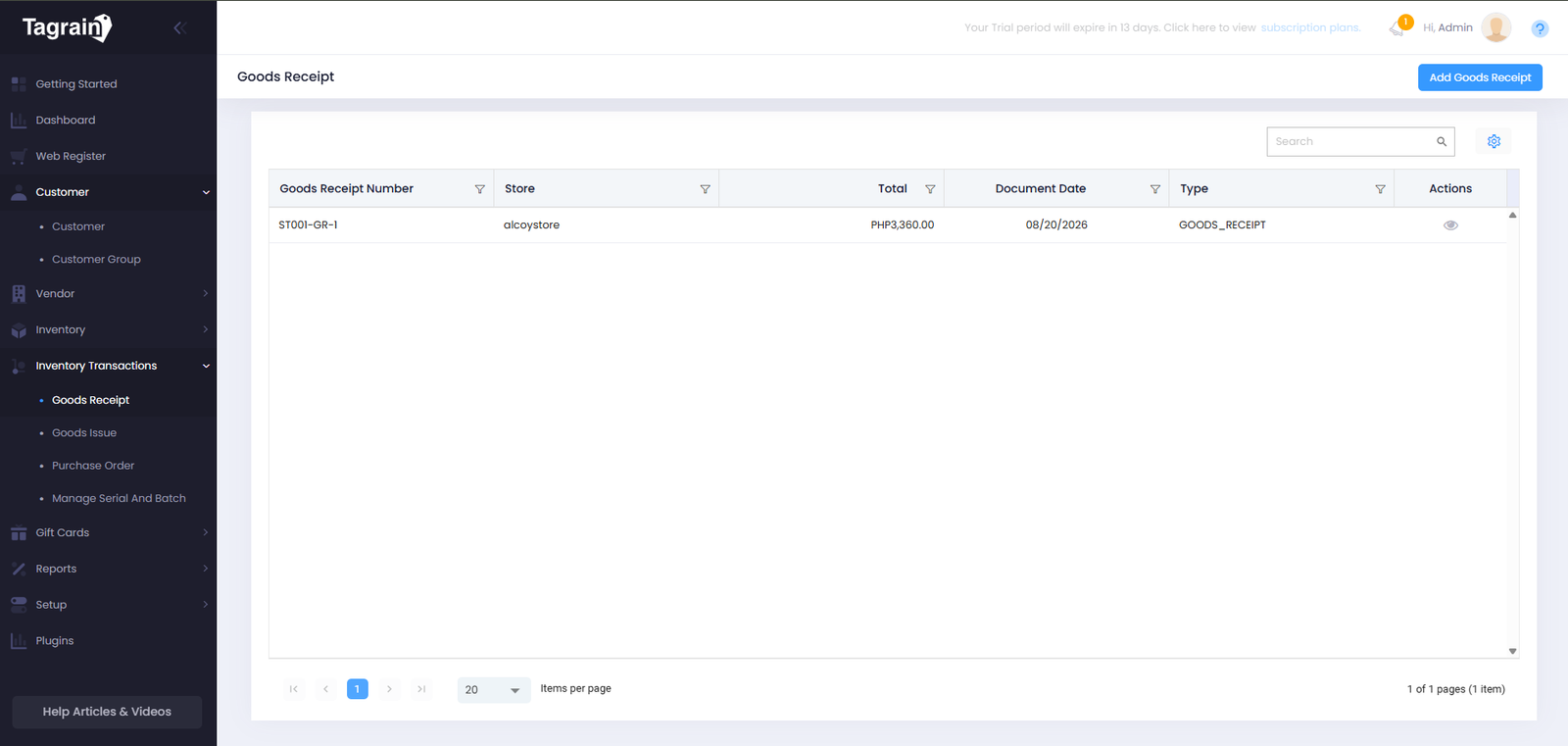 Tagrain Vendor page