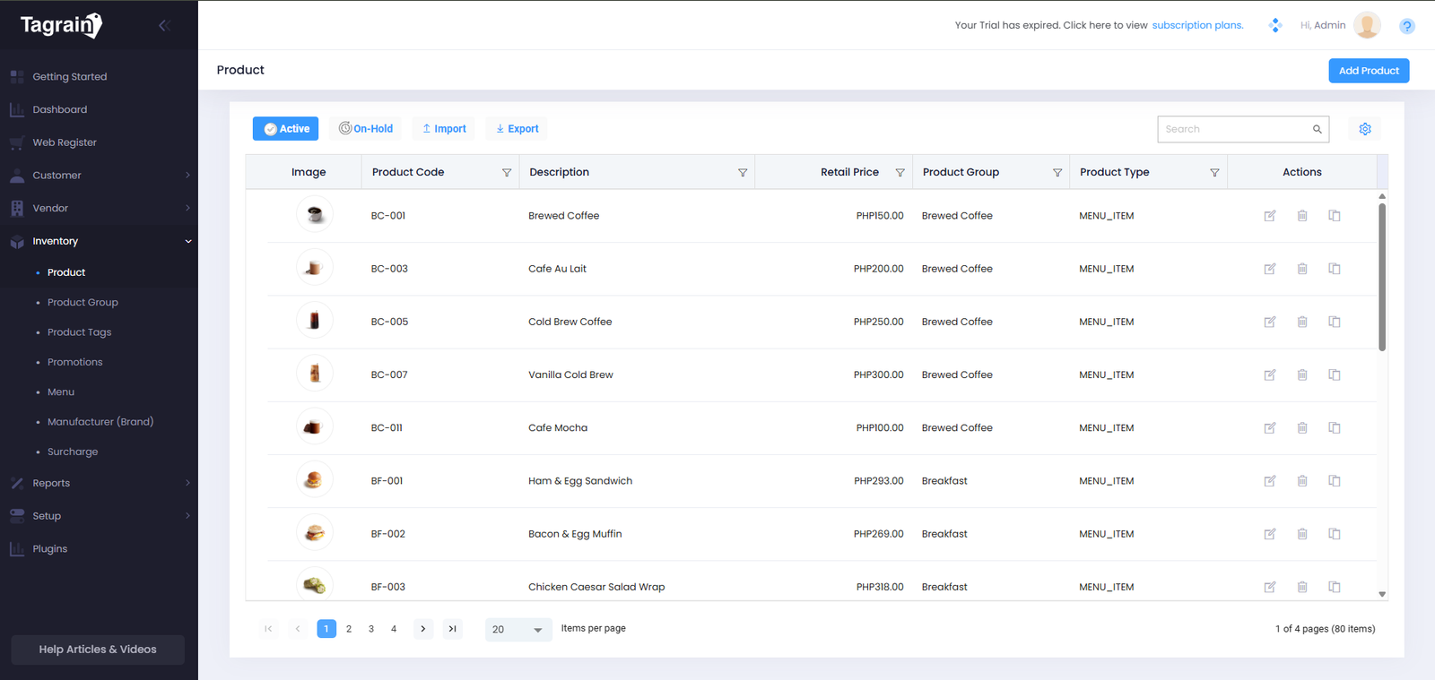 Tagrain Vendor page