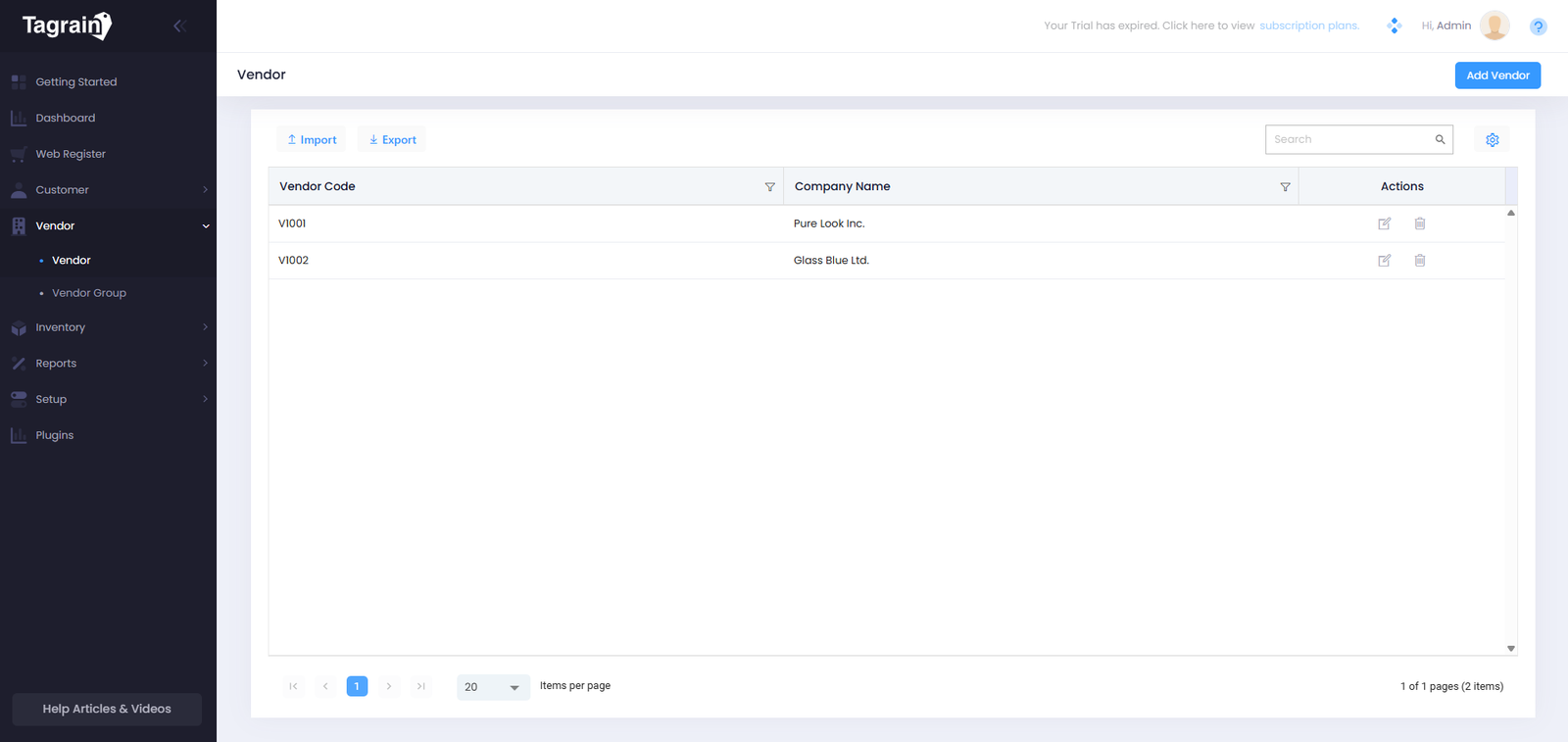 Tagrain Vendor page